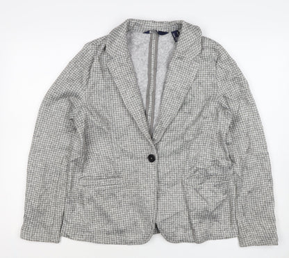 Lands' End Women Grey Houndstooth UK L One Button Blazer Jacket