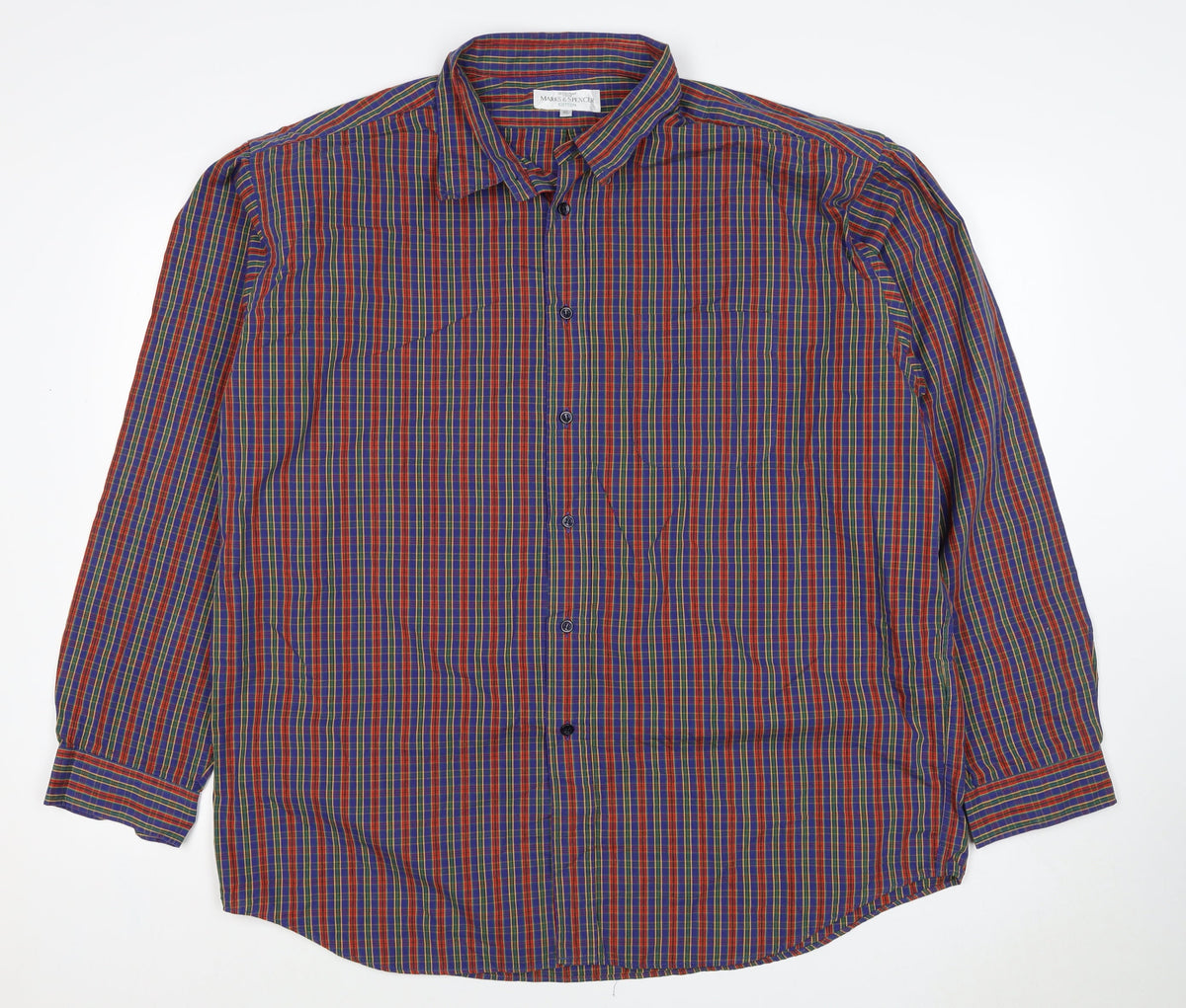 Marks & Spencer Men Multicoloured XL Plaid Cotton Button-Down Shirt