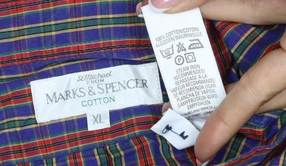 Marks & Spencer Men Multicoloured XL Plaid Cotton Button-Down Shirt