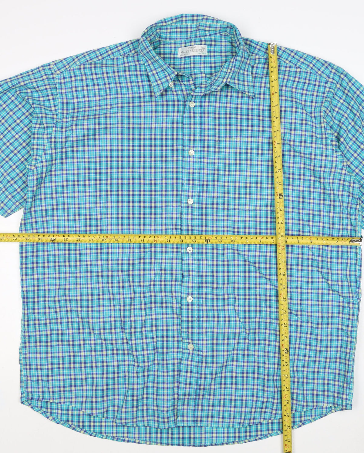 Marks and Spencer Men’s Blue Check XL Non-Iron Short Sleeve Shirt