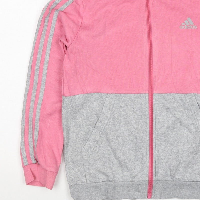 adidas Girls Pink Grey 11-12 Years Full Zip Colourblock Hoodie