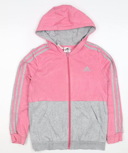adidas Girls Pink Grey 11-12 Years Full Zip Colourblock Hoodie