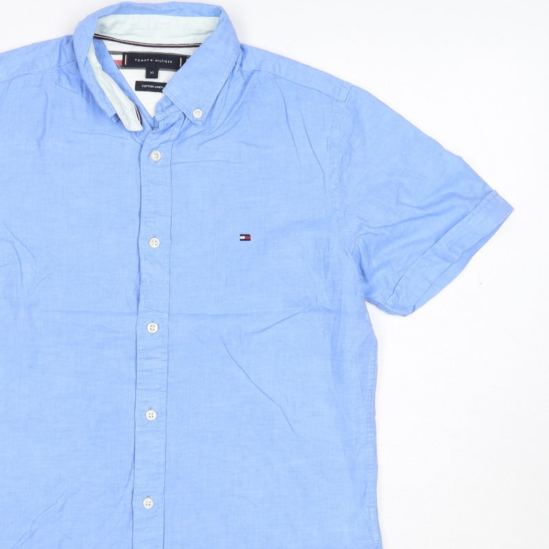 Tommy Hilfiger Men's Blue XS Cotton Linen Short Sleeve Button-Up Shirt