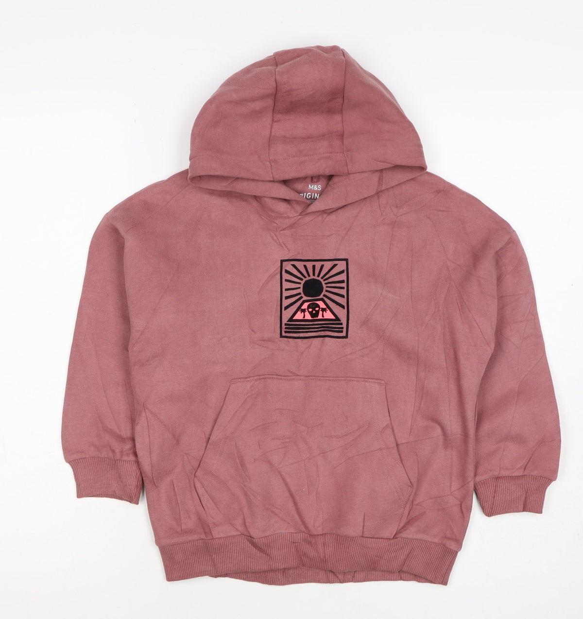 M&S Girls Pink 7-8 Years Pullover Hoodie Graphic Print Pocket