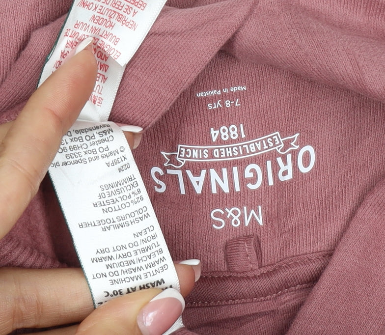M&S Girls Pink 7-8 Years Pullover Hoodie Graphic Print Pocket