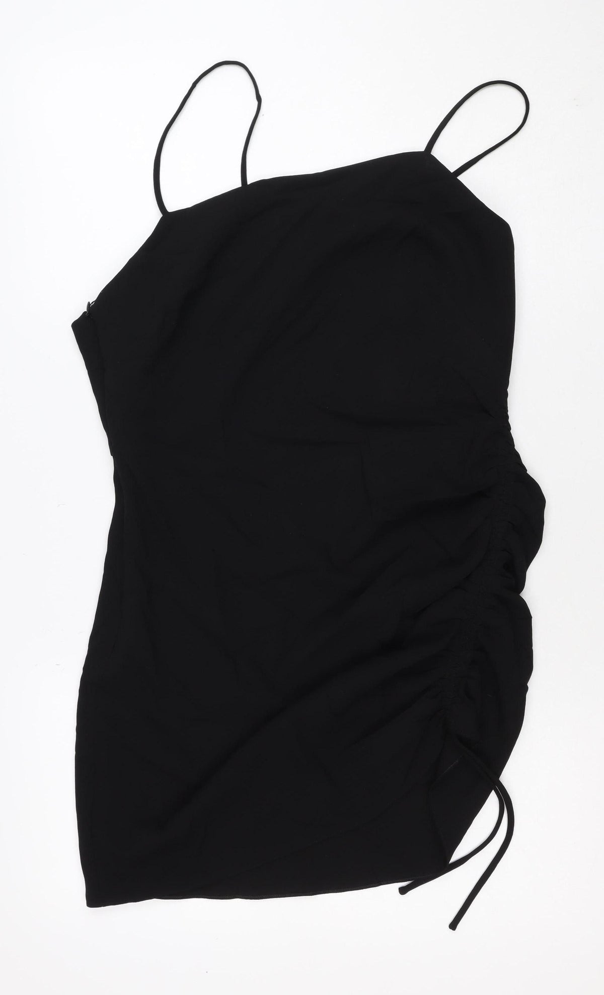 Zara Women Black L Midi Slip Dress Strappy Ruched Side Zip Party