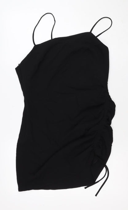 Zara Women Black L Midi Slip Dress Strappy Ruched Side Zip Party
