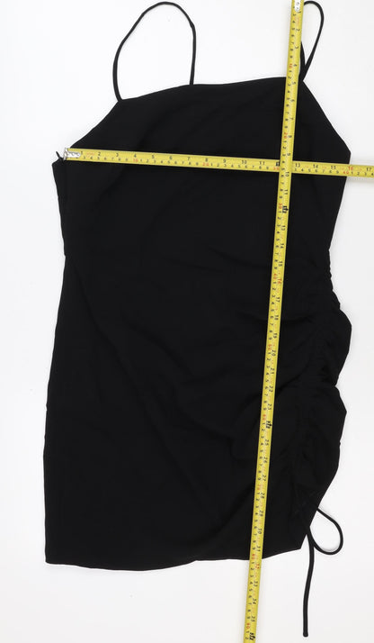 Zara Women Black L Midi Slip Dress Strappy Ruched Side Zip Party
