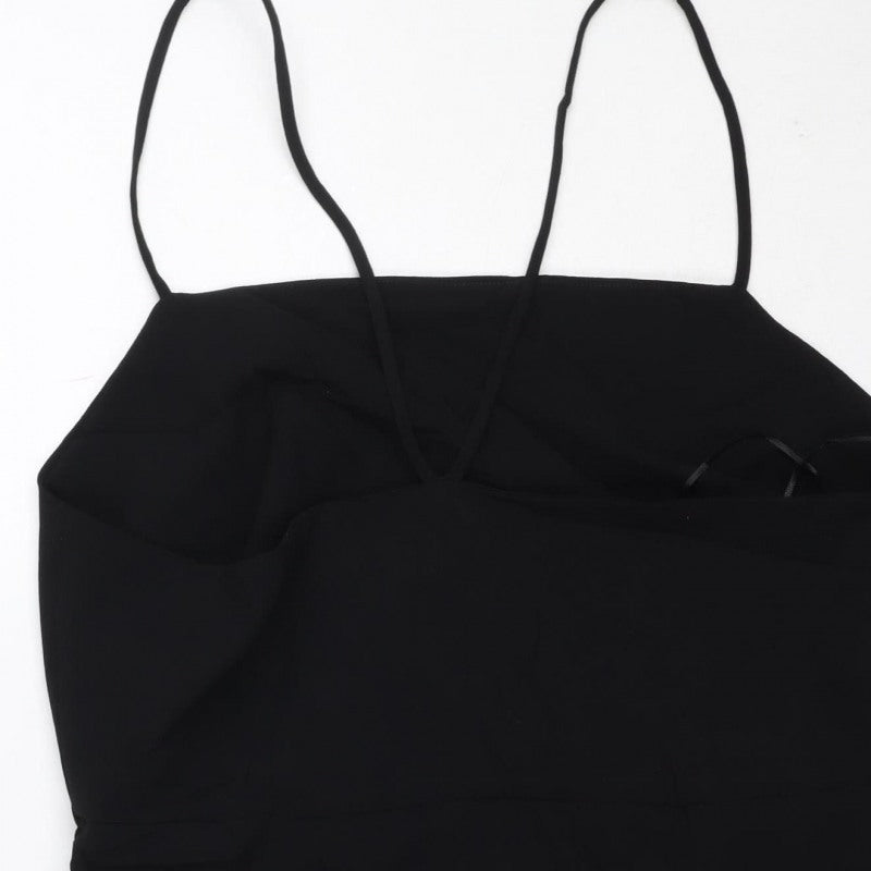Zara Women Black L Midi Slip Dress Strappy Ruched Side Zip Party