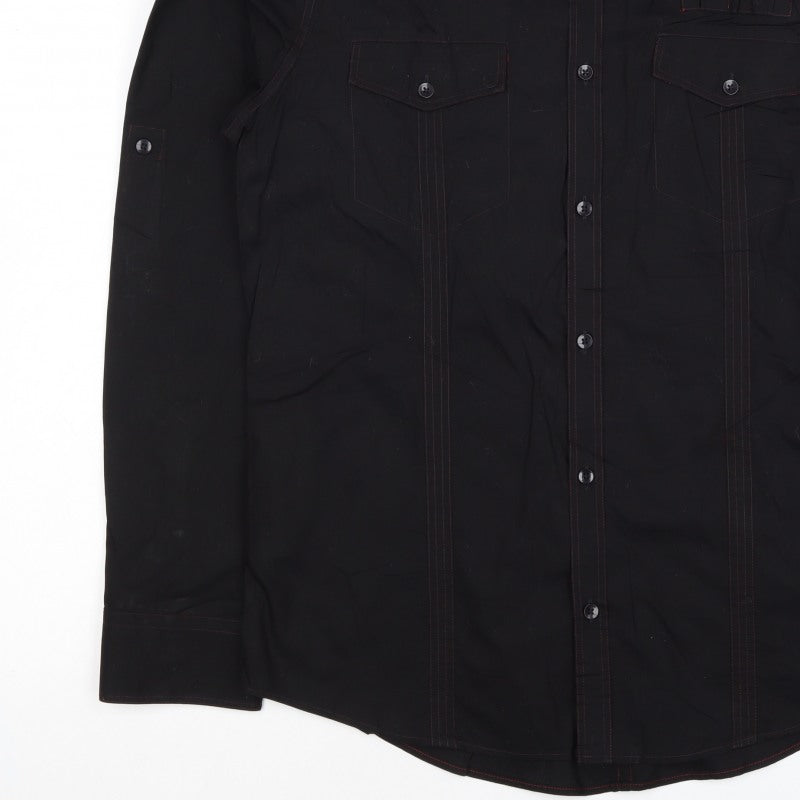 Next Men's Black L Long Sleeve Button-Up Shirt Red Stitching Pockets