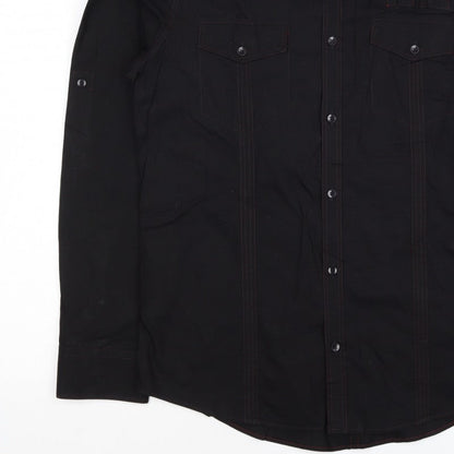 Next Men's Black L Long Sleeve Button-Up Shirt Red Stitching Pockets