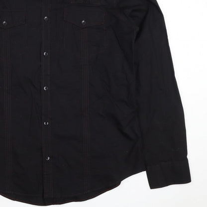 Next Men's Black L Long Sleeve Button-Up Shirt Red Stitching Pockets