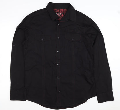 Next Men's Black L Long Sleeve Button-Up Shirt Red Stitching Pockets