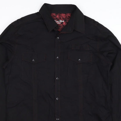 Next Men's Black L Long Sleeve Button-Up Shirt Red Stitching Pockets