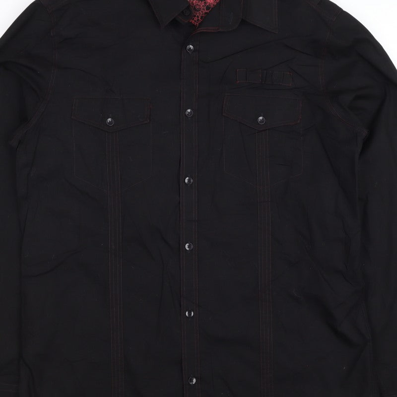 Next Men's Black L Long Sleeve Button-Up Shirt Red Stitching Pockets