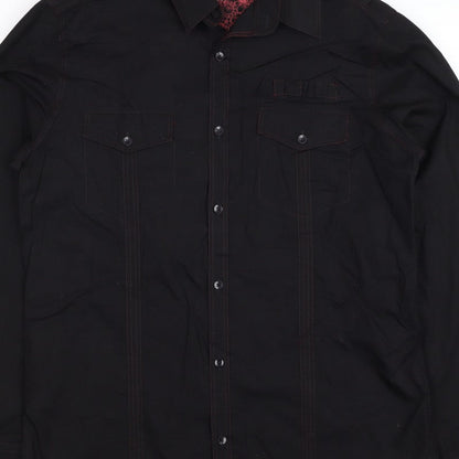Next Men's Black L Long Sleeve Button-Up Shirt Red Stitching Pockets