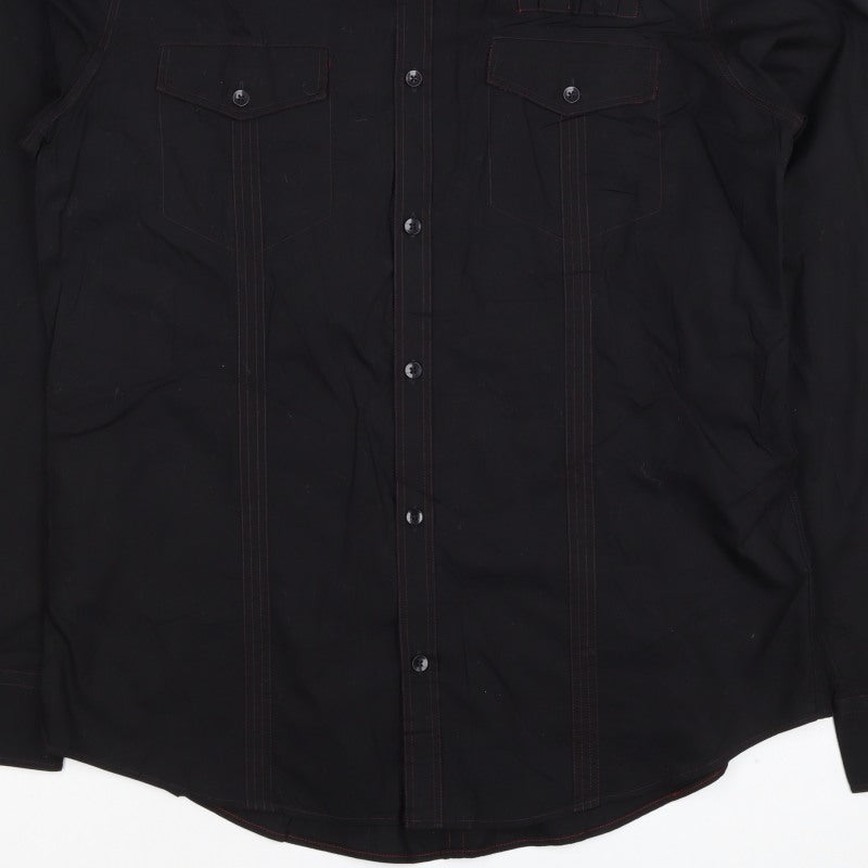 Next Men's Black L Long Sleeve Button-Up Shirt Red Stitching Pockets