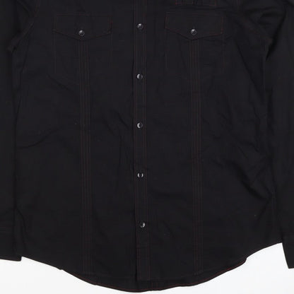 Next Men's Black L Long Sleeve Button-Up Shirt Red Stitching Pockets