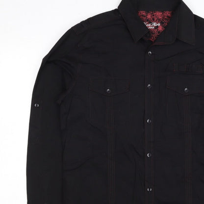 Next Men's Black L Long Sleeve Button-Up Shirt Red Stitching Pockets