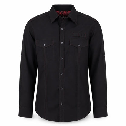 Next Men's Black L Long Sleeve Button-Up Shirt Red Stitching Pockets