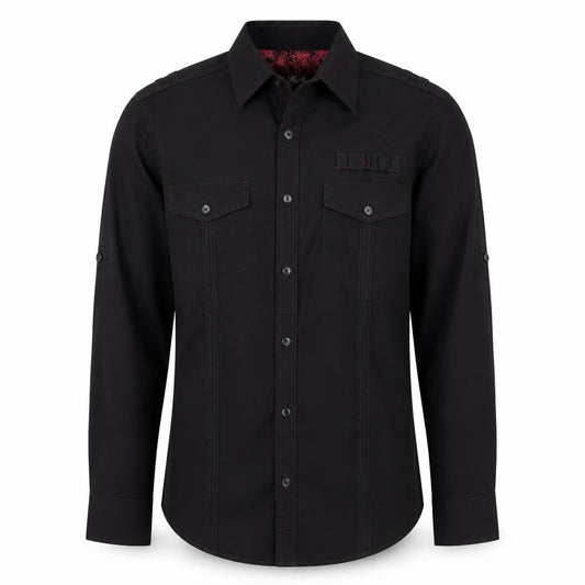 Front view of Next Men's Black L Long Sleeve Button-Up Shirt Red Stitching Pockets