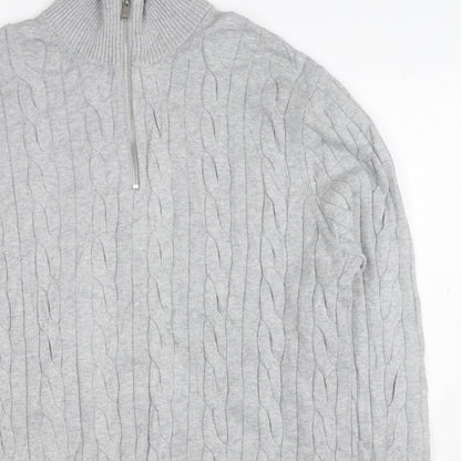 M&S Mens Grey L Cable Knit Half Zip High Neck Cotton Blend Jumper