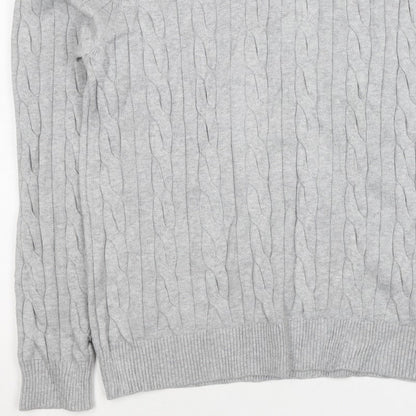 M&S Mens Grey L Cable Knit Half Zip High Neck Cotton Blend Jumper