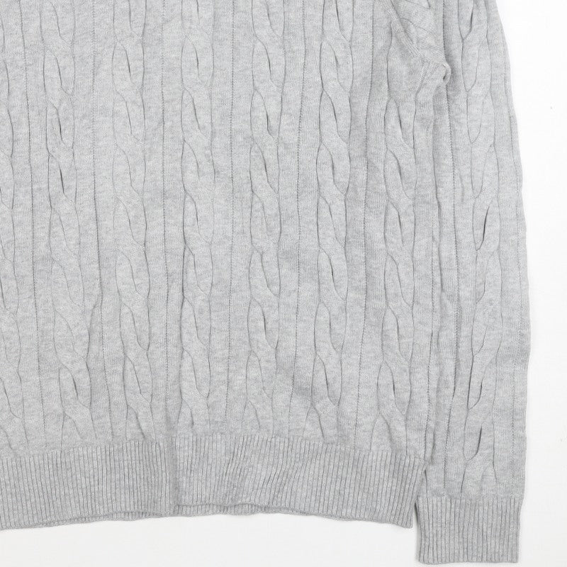 M&S Mens Grey L Cable Knit Half Zip High Neck Cotton Blend Jumper