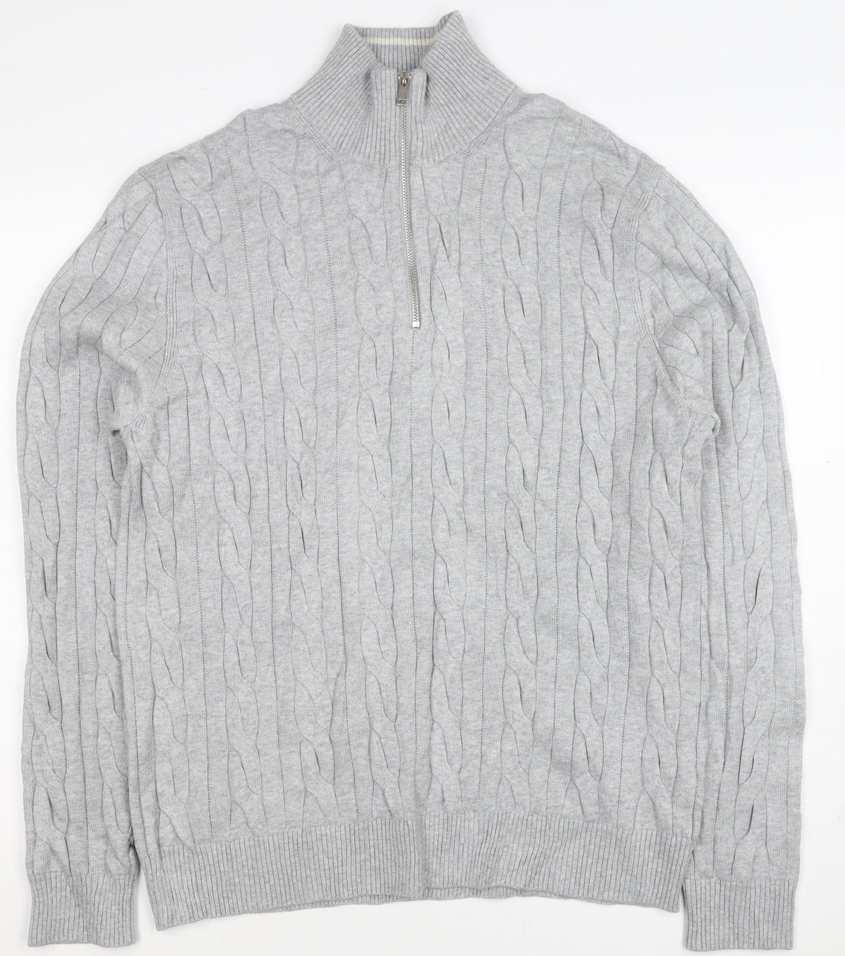 M&S Mens Grey L Cable Knit Half Zip High Neck Cotton Blend Jumper