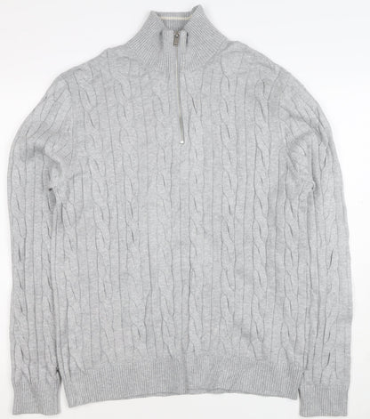 M&S Mens Grey L Cable Knit Half Zip High Neck Cotton Blend Jumper