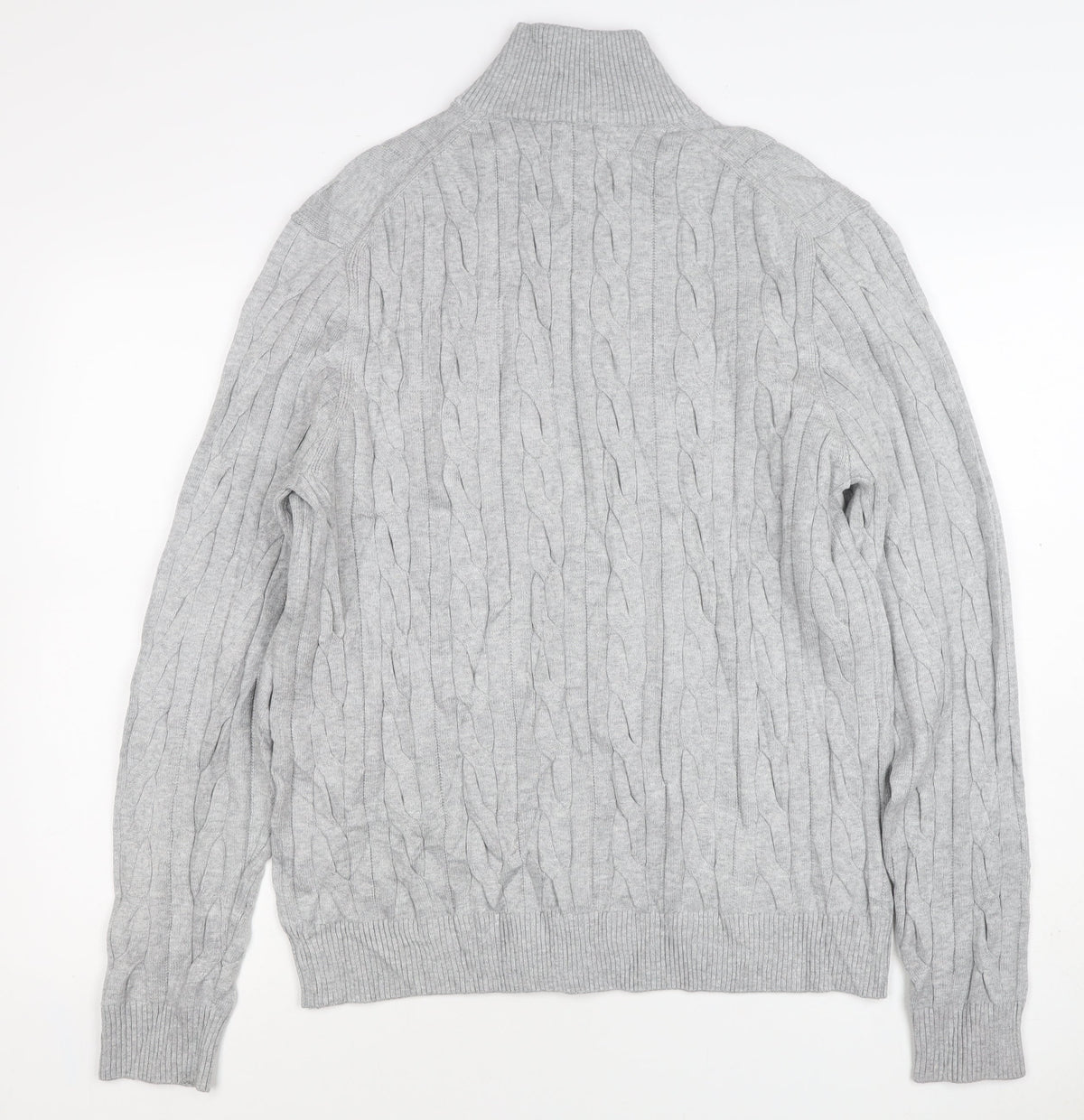 M&S Mens Grey L Cable Knit Half Zip High Neck Cotton Blend Jumper