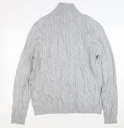 M&S Mens Grey L Cable Knit Half Zip High Neck Cotton Blend Jumper