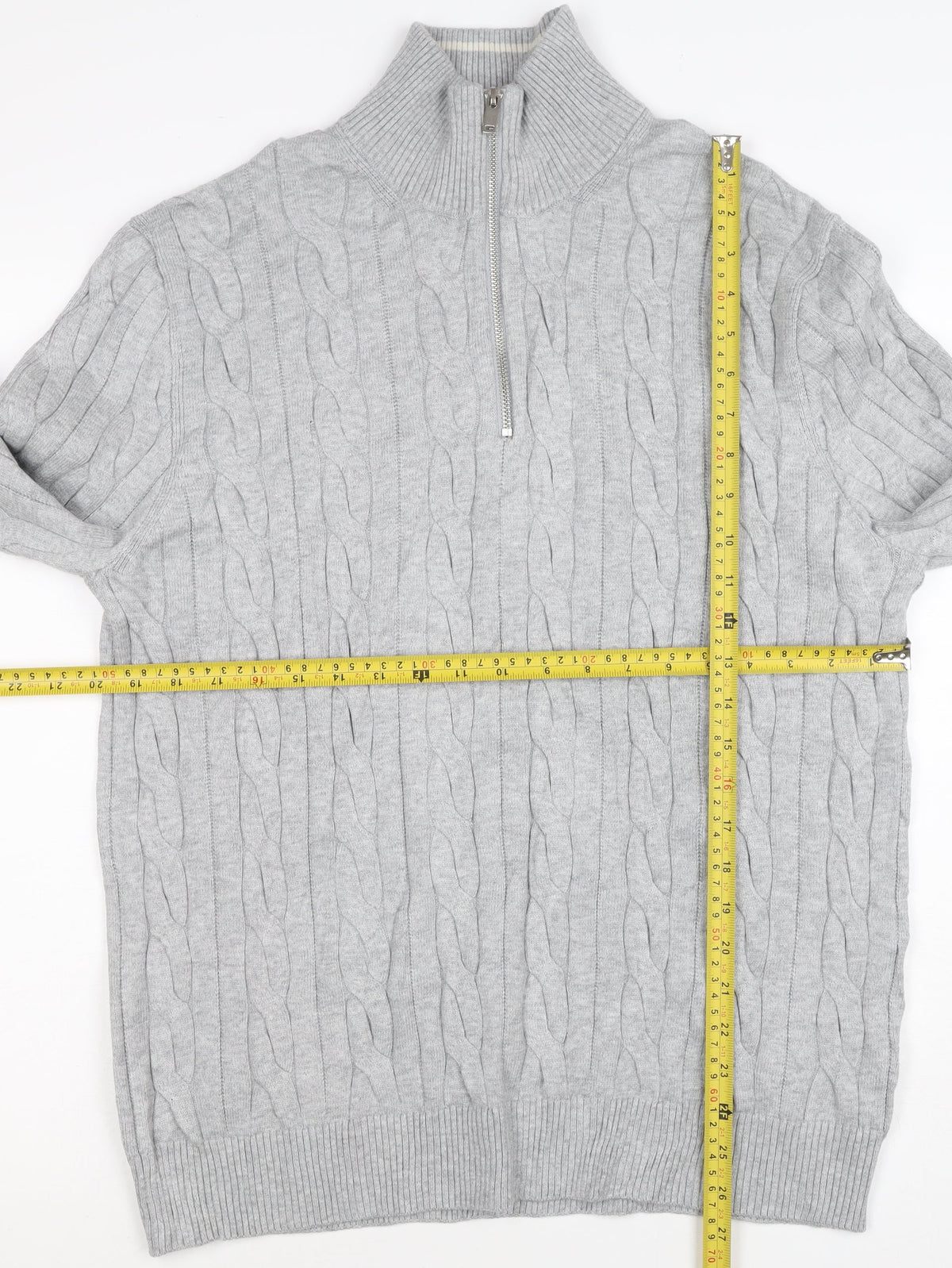 M&S Mens Grey L Cable Knit Half Zip High Neck Cotton Blend Jumper