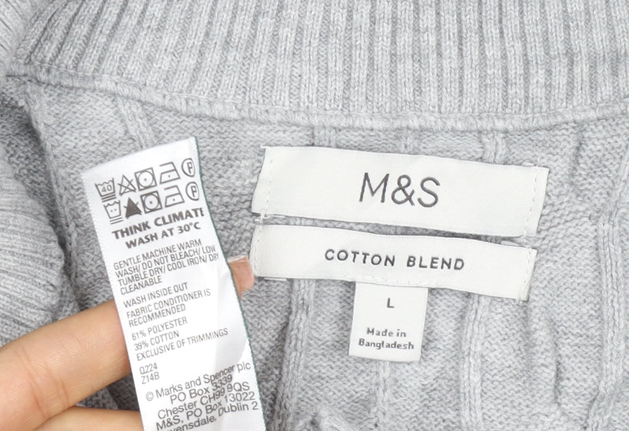 M&S Mens Grey L Cable Knit Half Zip High Neck Cotton Blend Jumper