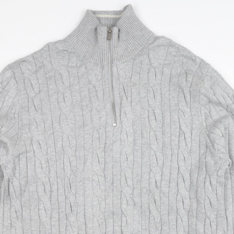 M&S Mens Grey L Cable Knit Half Zip High Neck Cotton Blend Jumper