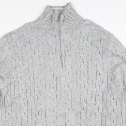 M&S Mens Grey L Cable Knit Half Zip High Neck Cotton Blend Jumper