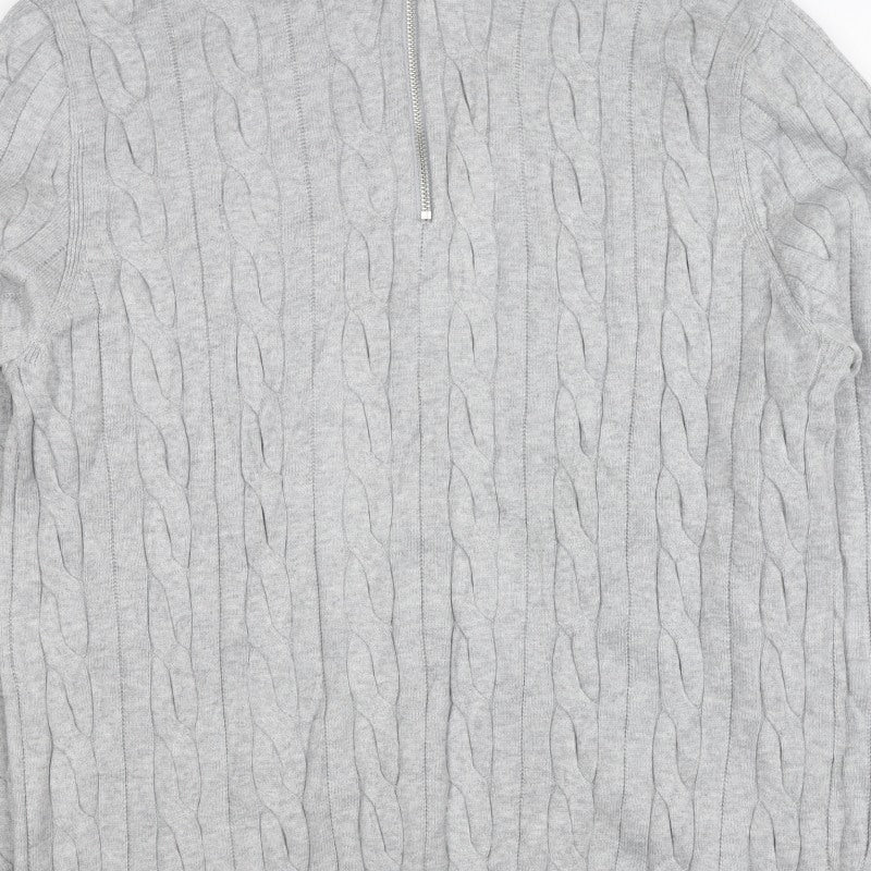 M&S Mens Grey L Cable Knit Half Zip High Neck Cotton Blend Jumper