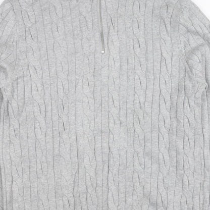 M&S Mens Grey L Cable Knit Half Zip High Neck Cotton Blend Jumper