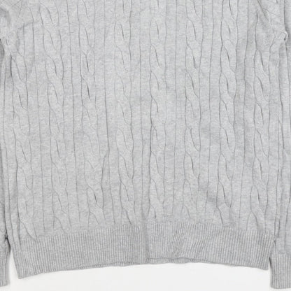 M&S Mens Grey L Cable Knit Half Zip High Neck Cotton Blend Jumper