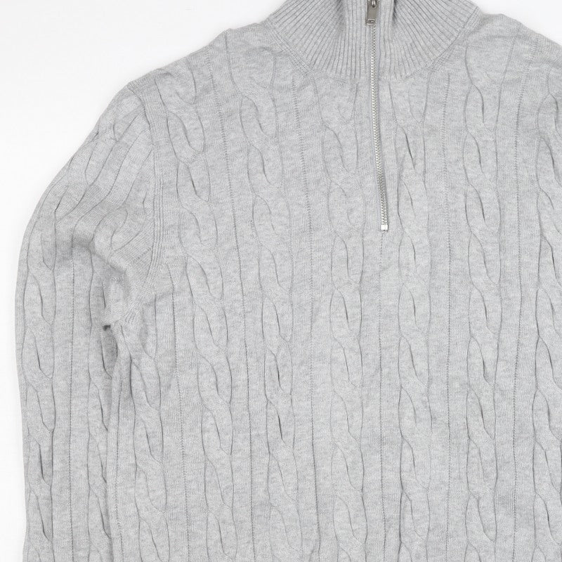 M&S Mens Grey L Cable Knit Half Zip High Neck Cotton Blend Jumper