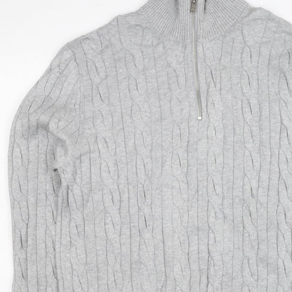 M&S Mens Grey L Cable Knit Half Zip High Neck Cotton Blend Jumper