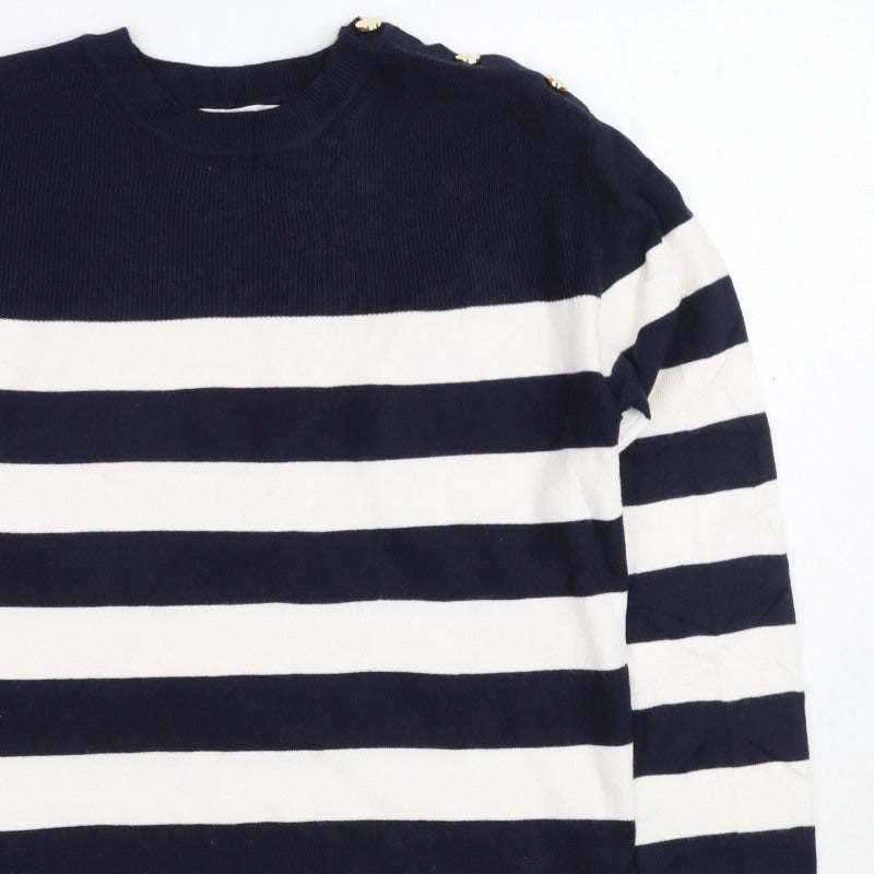 M&S Women Navy Ivory Stripe Crew Neck Button Shoulder Jumper Size S