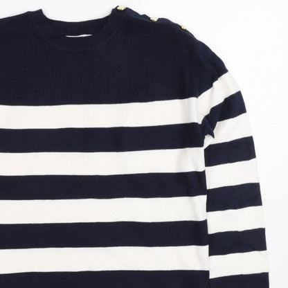 M&S Women Navy Ivory Stripe Crew Neck Button Shoulder Jumper Size S