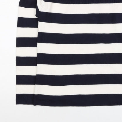 M&S Women Navy Ivory Stripe Crew Neck Button Shoulder Jumper Size S