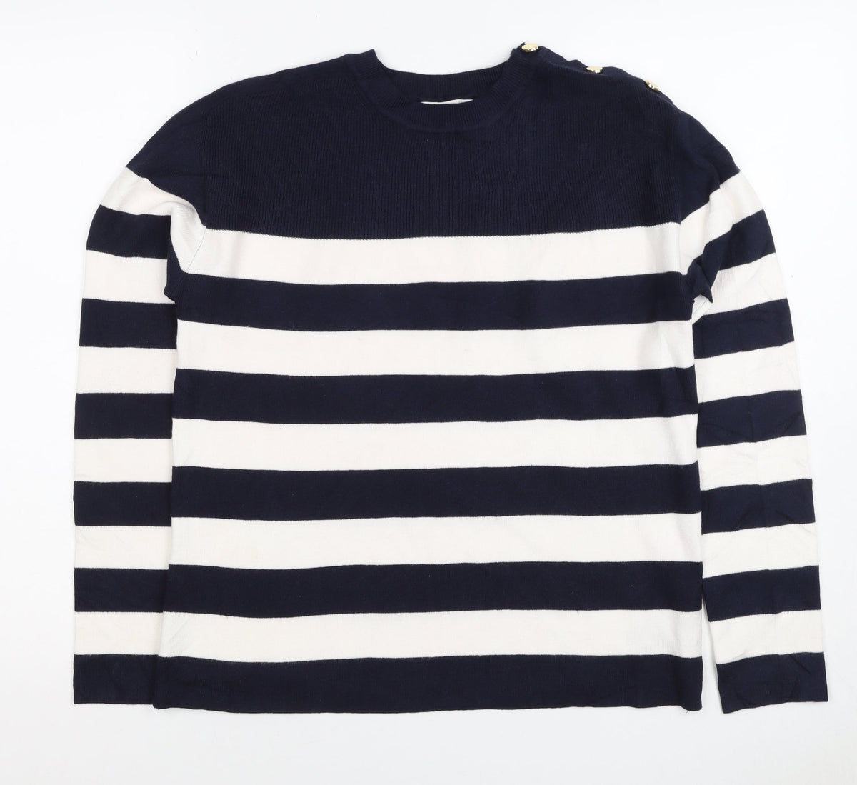 M&S Women Navy Ivory Stripe Crew Neck Button Shoulder Jumper Size S