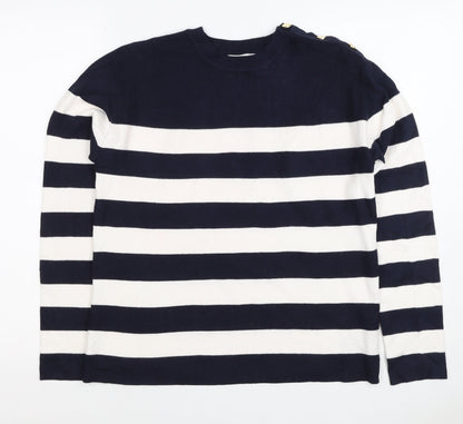 M&S Women Navy Ivory Stripe Crew Neck Button Shoulder Jumper Size S