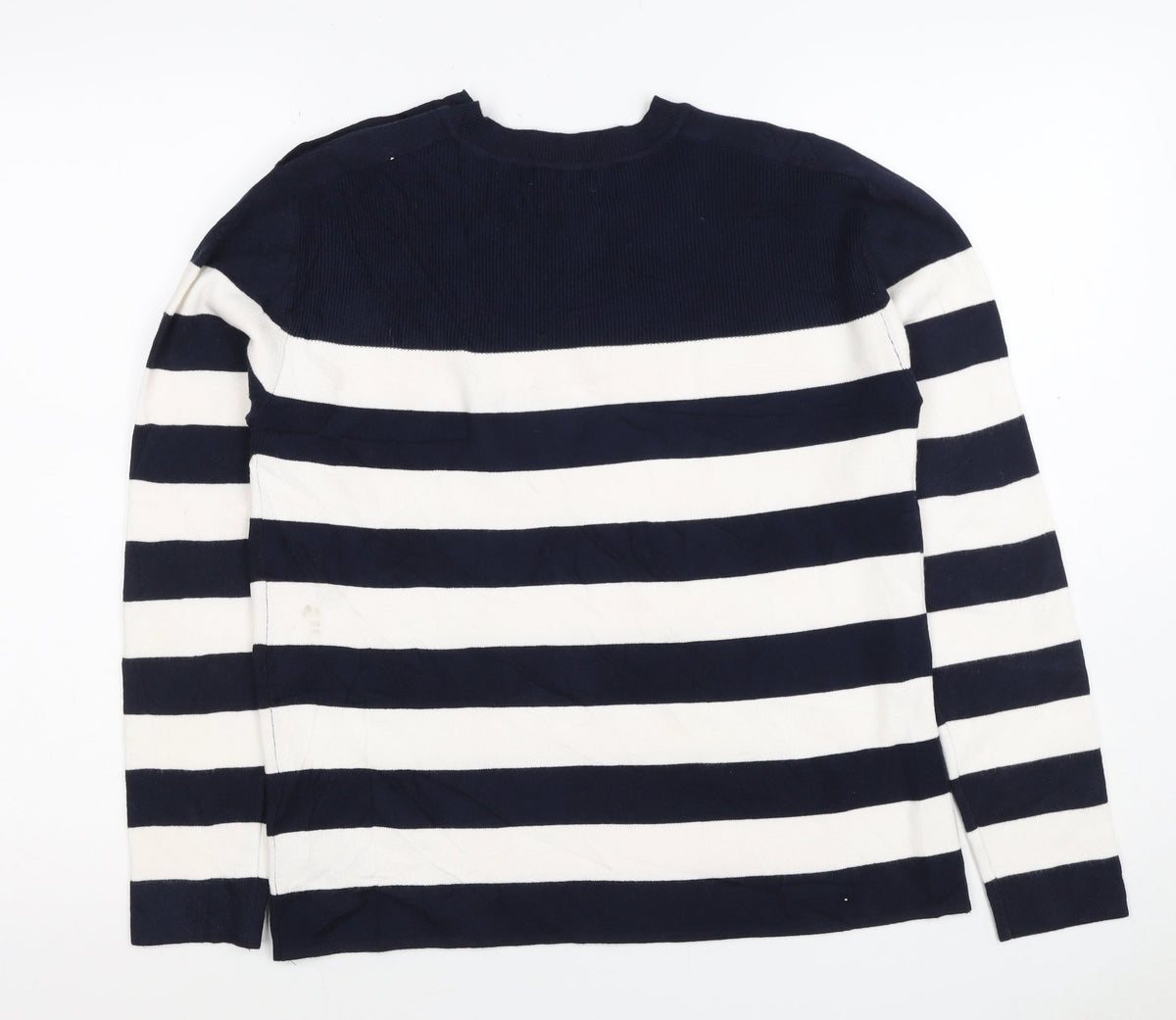 M&S Women Navy Ivory Stripe Crew Neck Button Shoulder Jumper Size S