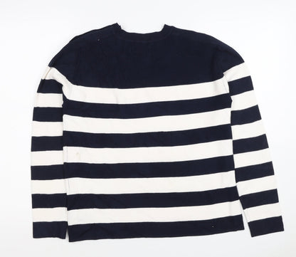 M&S Women Navy Ivory Stripe Crew Neck Button Shoulder Jumper Size S