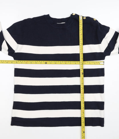 M&S Women Navy Ivory Stripe Crew Neck Button Shoulder Jumper Size S