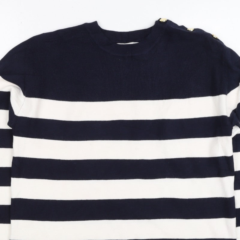 M&S Women Navy Ivory Stripe Crew Neck Button Shoulder Jumper Size S
